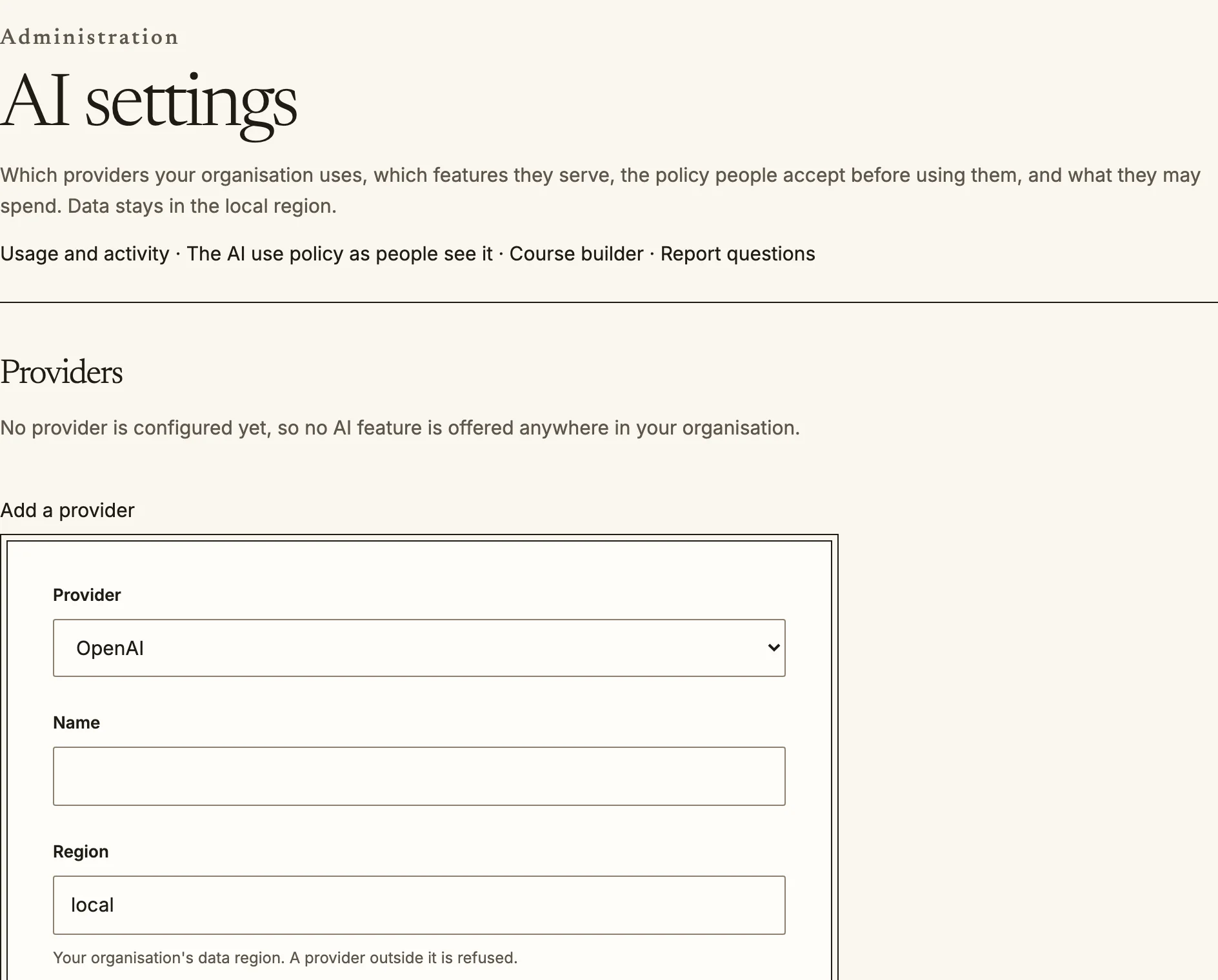 The AI settings page with a form to add a provider, with provider, name and region fields.