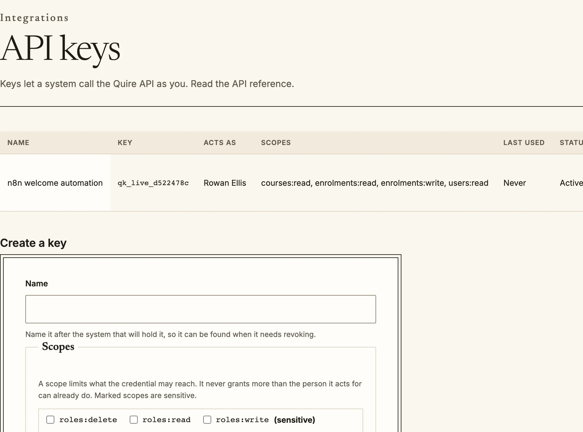 The API keys page with one key, the person it acts as, its scopes and its status, and a form to create another.