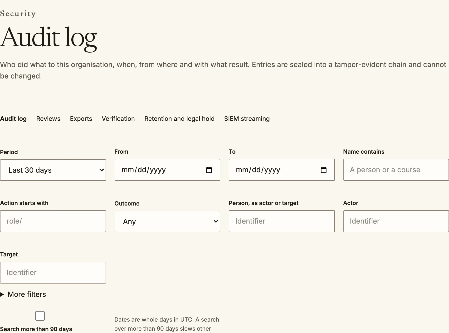 The Audit log with period and search filters.
