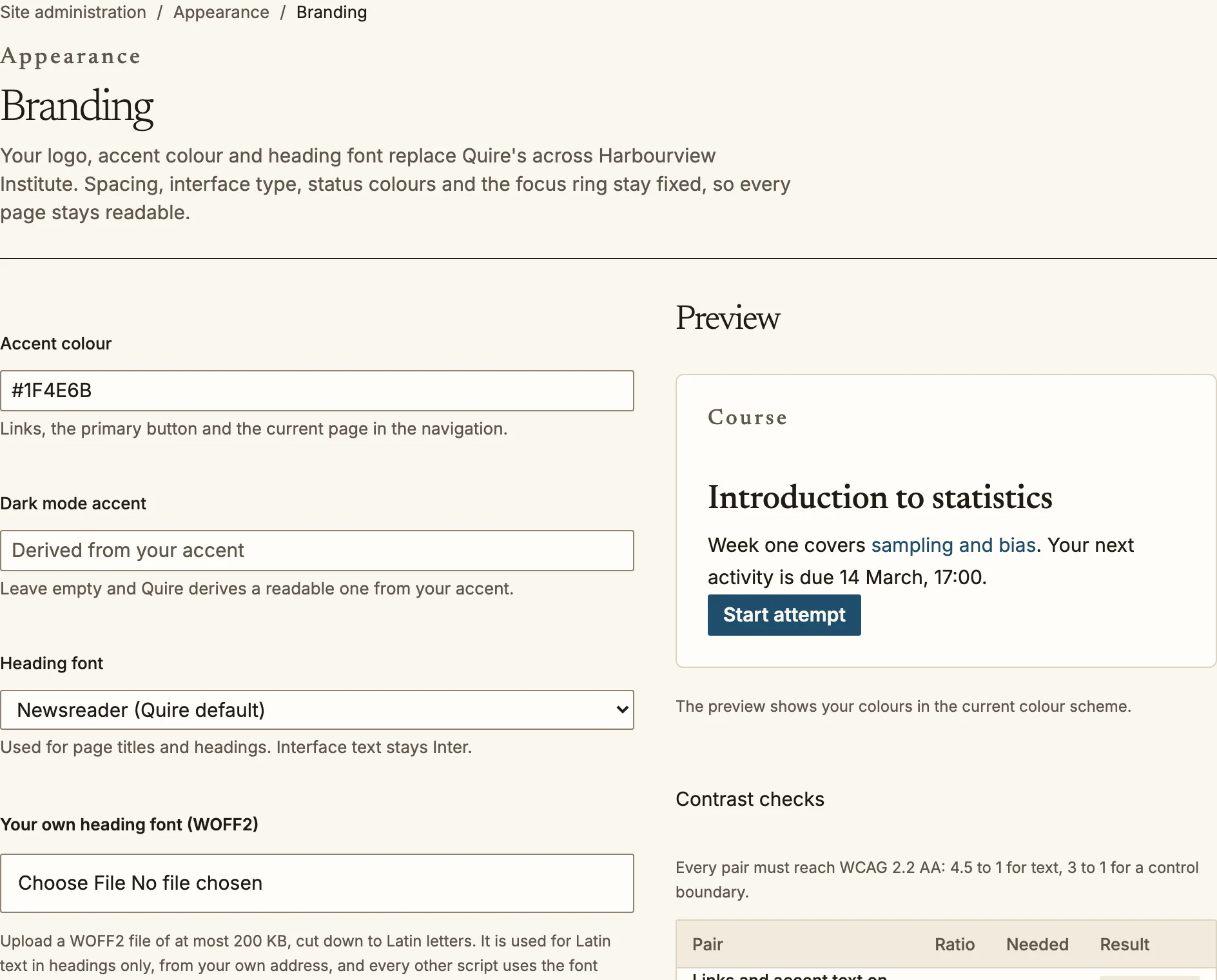 The Branding page with an accent colour field, a live preview and a table of contrast checks.