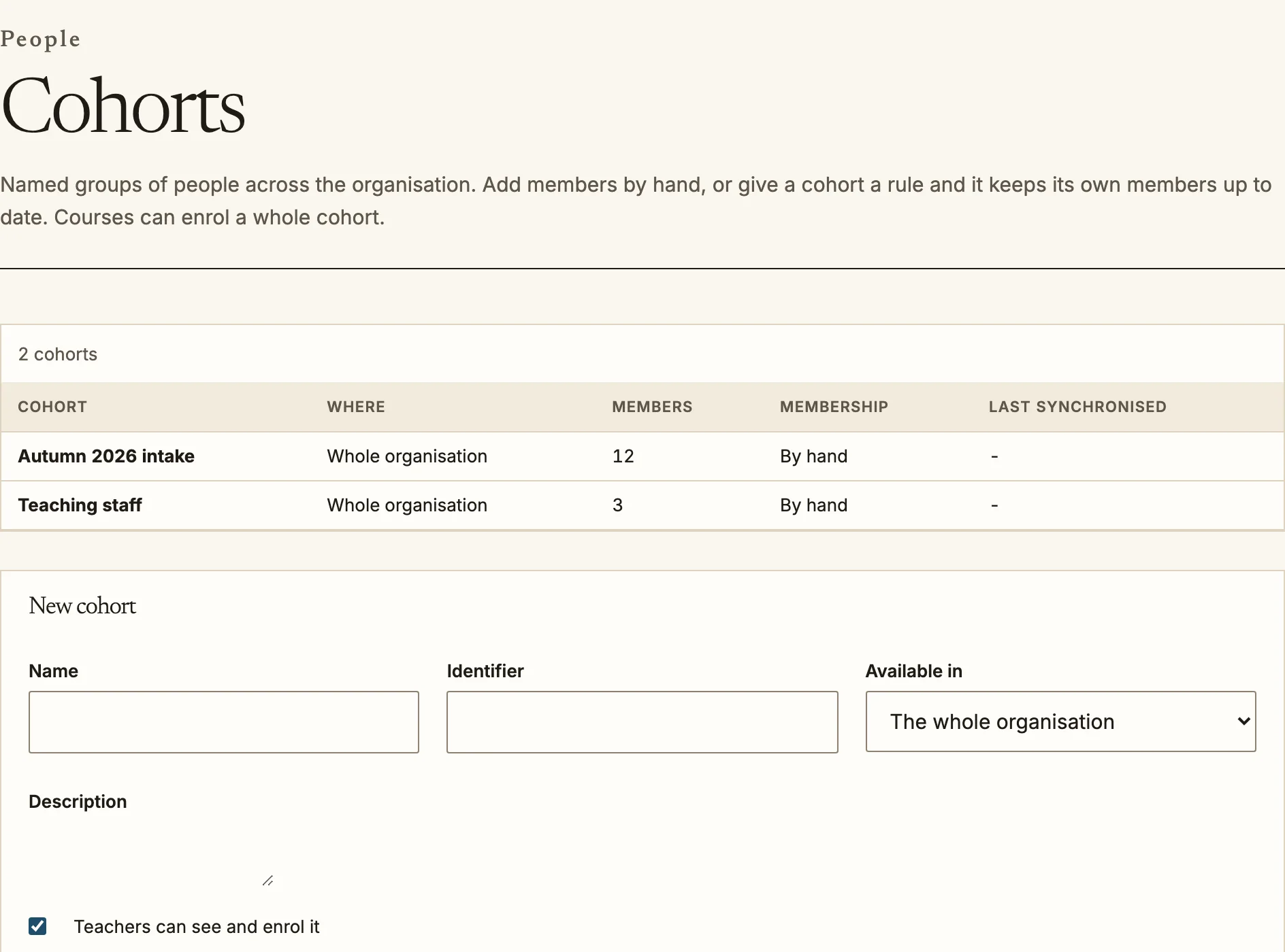 The Cohorts page listing two cohorts with their members, and a form to add a new one.