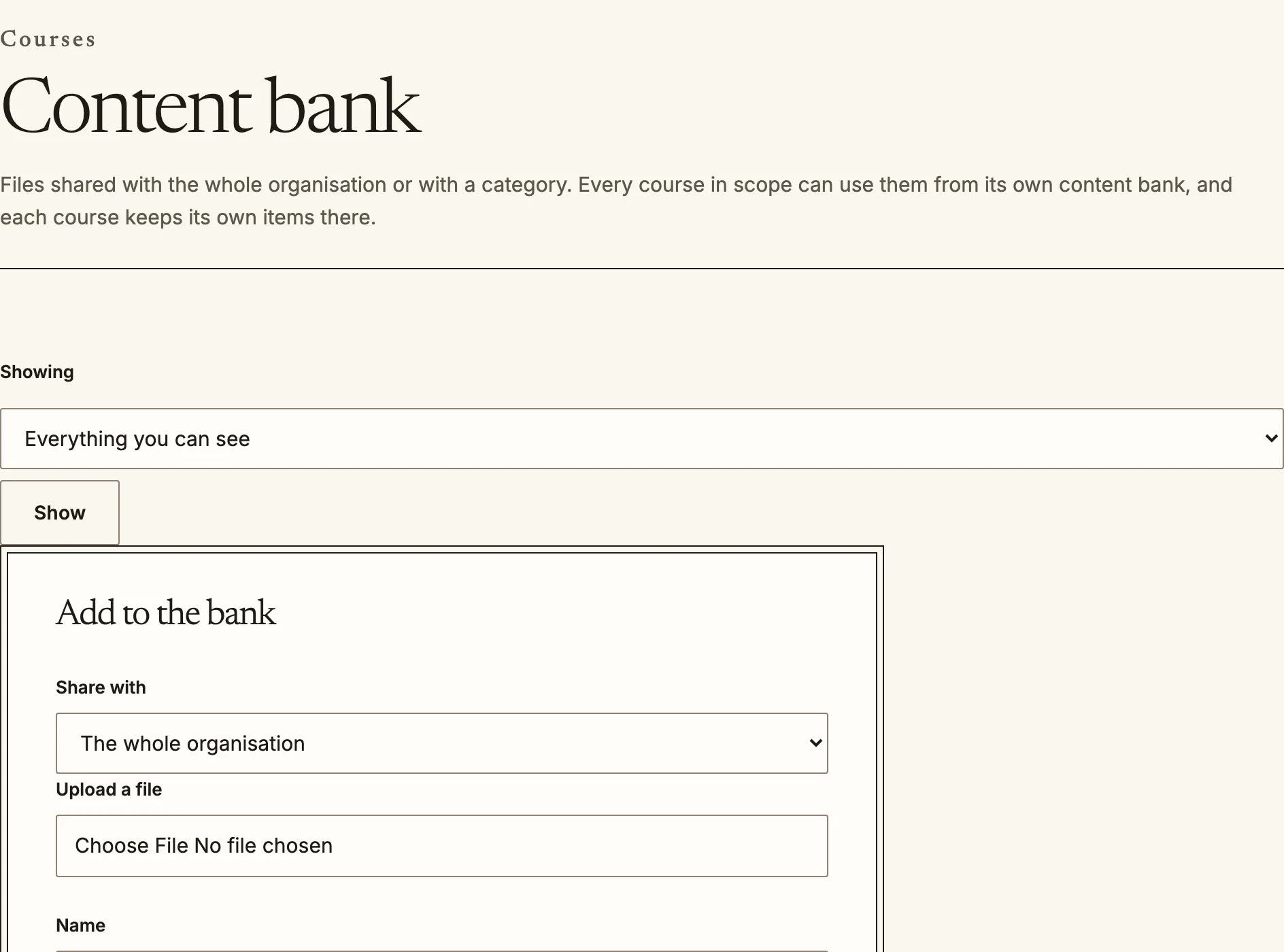 The organisation content bank in site administration, with a scope filter and a form to add to the bank.