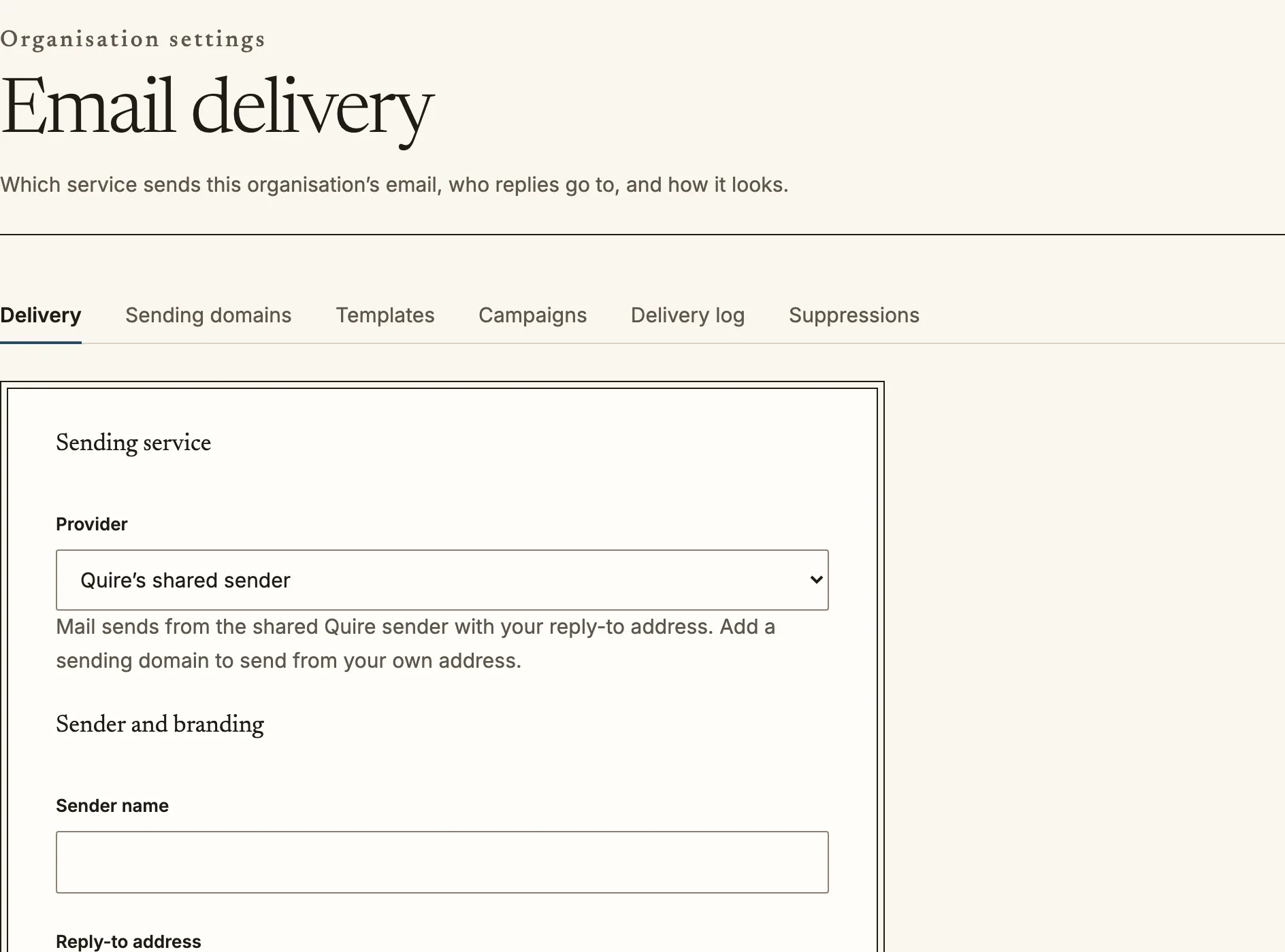 The Email delivery page with tabs for delivery, sending domains, templates, campaigns, delivery log and suppressions.