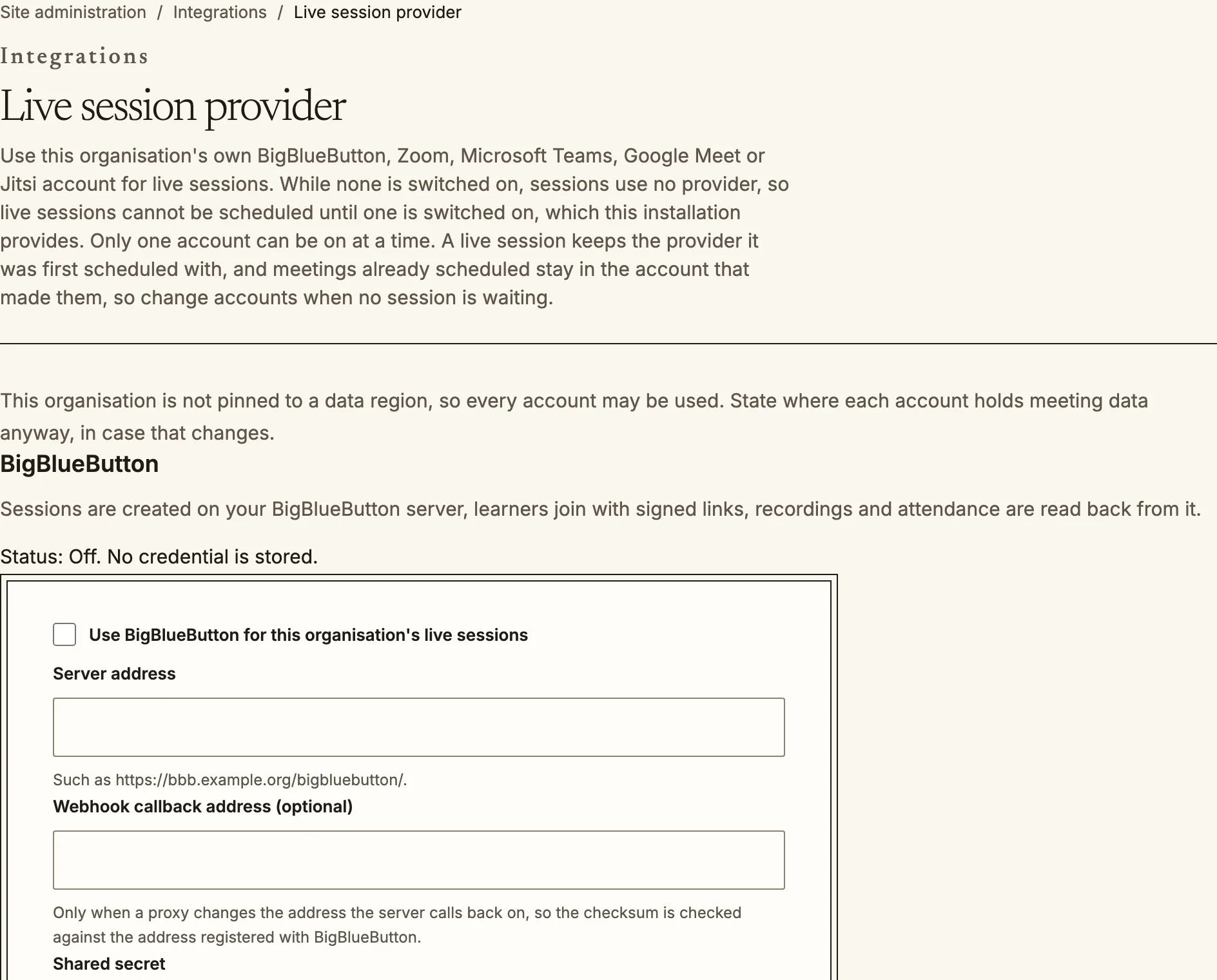 The Live session provider page with a BigBlueButton account form, switched off.