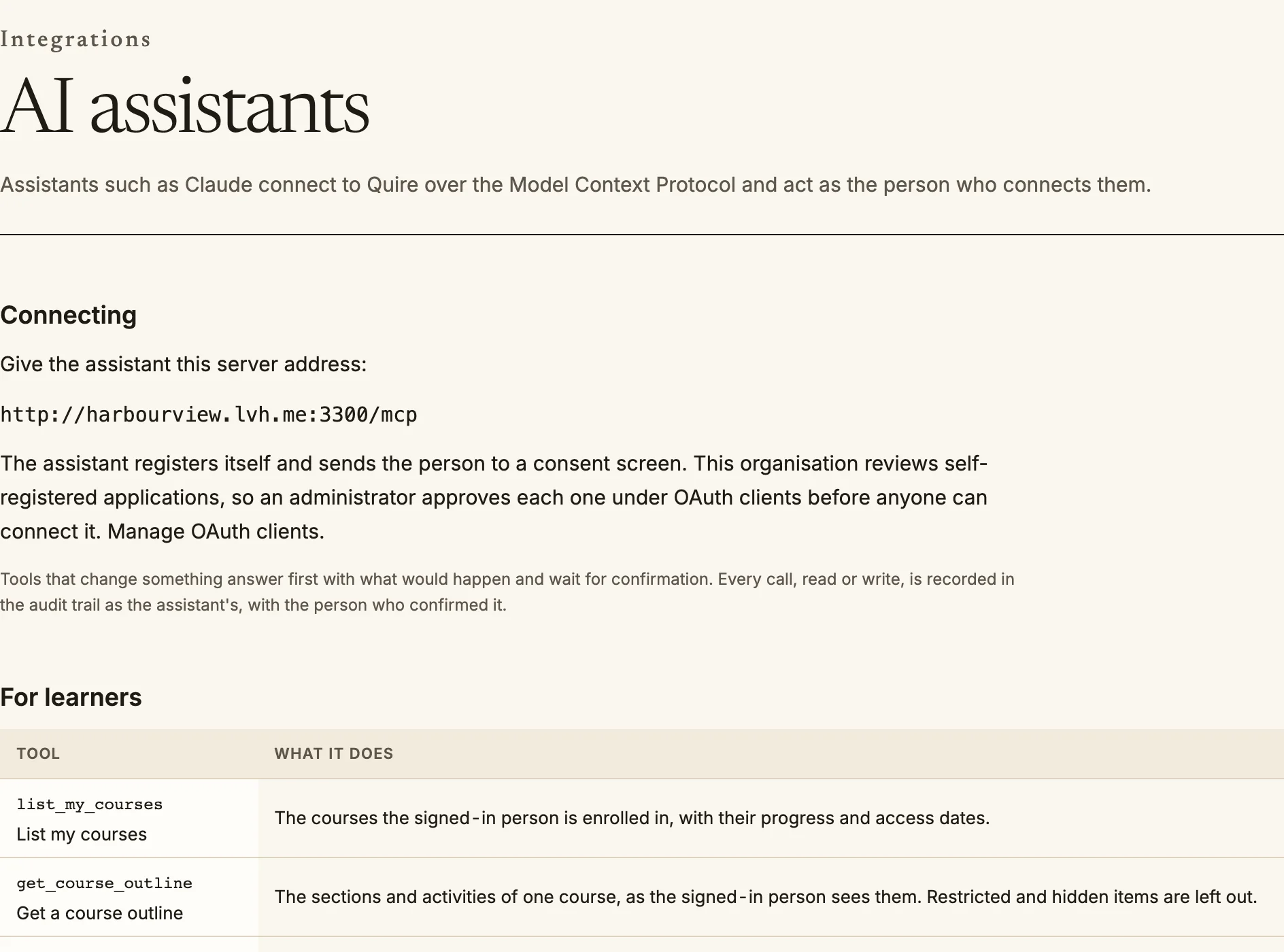 The AI assistants page with the server address to give an assistant and a table of the tools it can use.