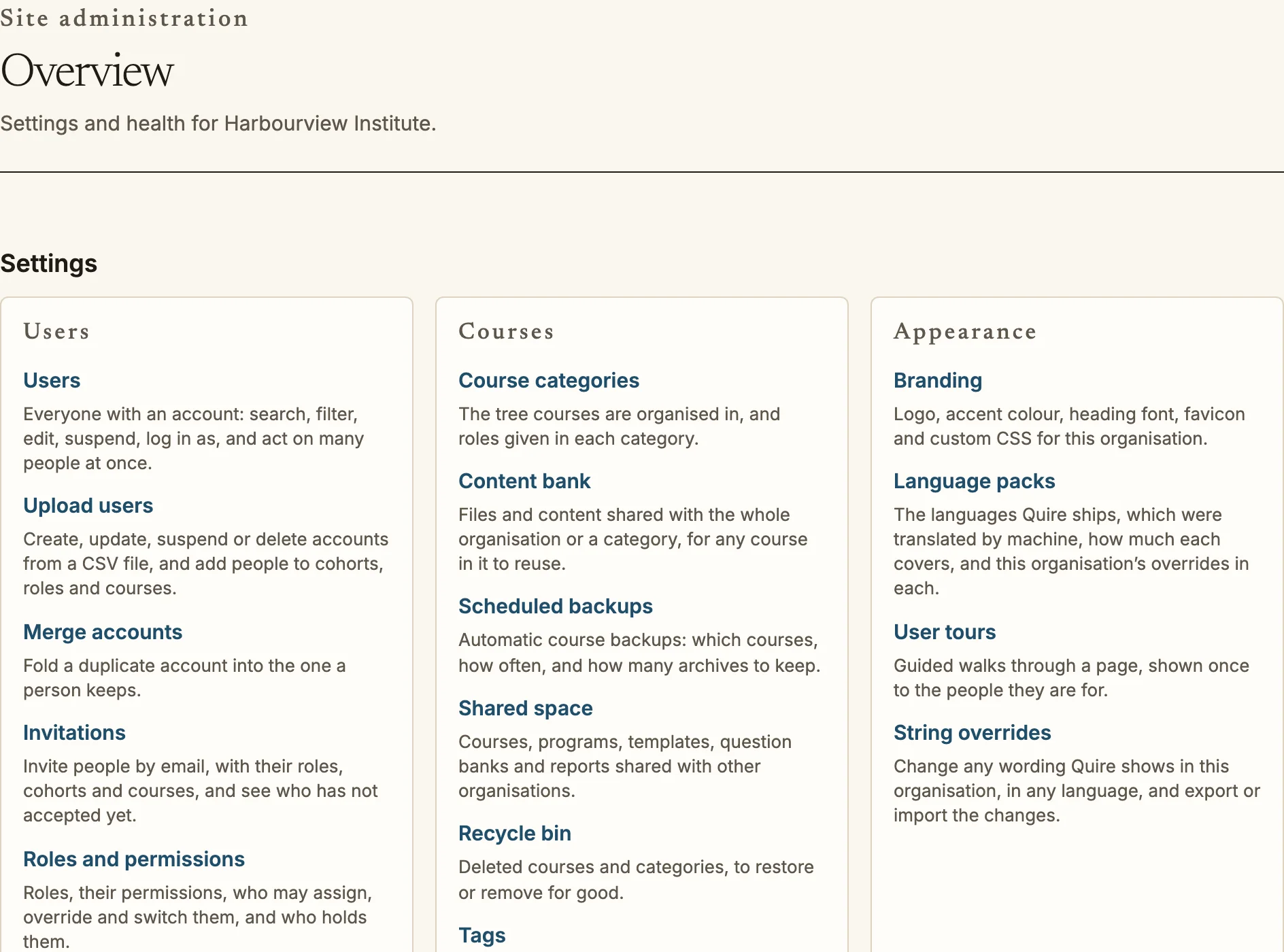 Site administration overview: the settings grouped into cards for users, courses and appearance, each link with a one line description.