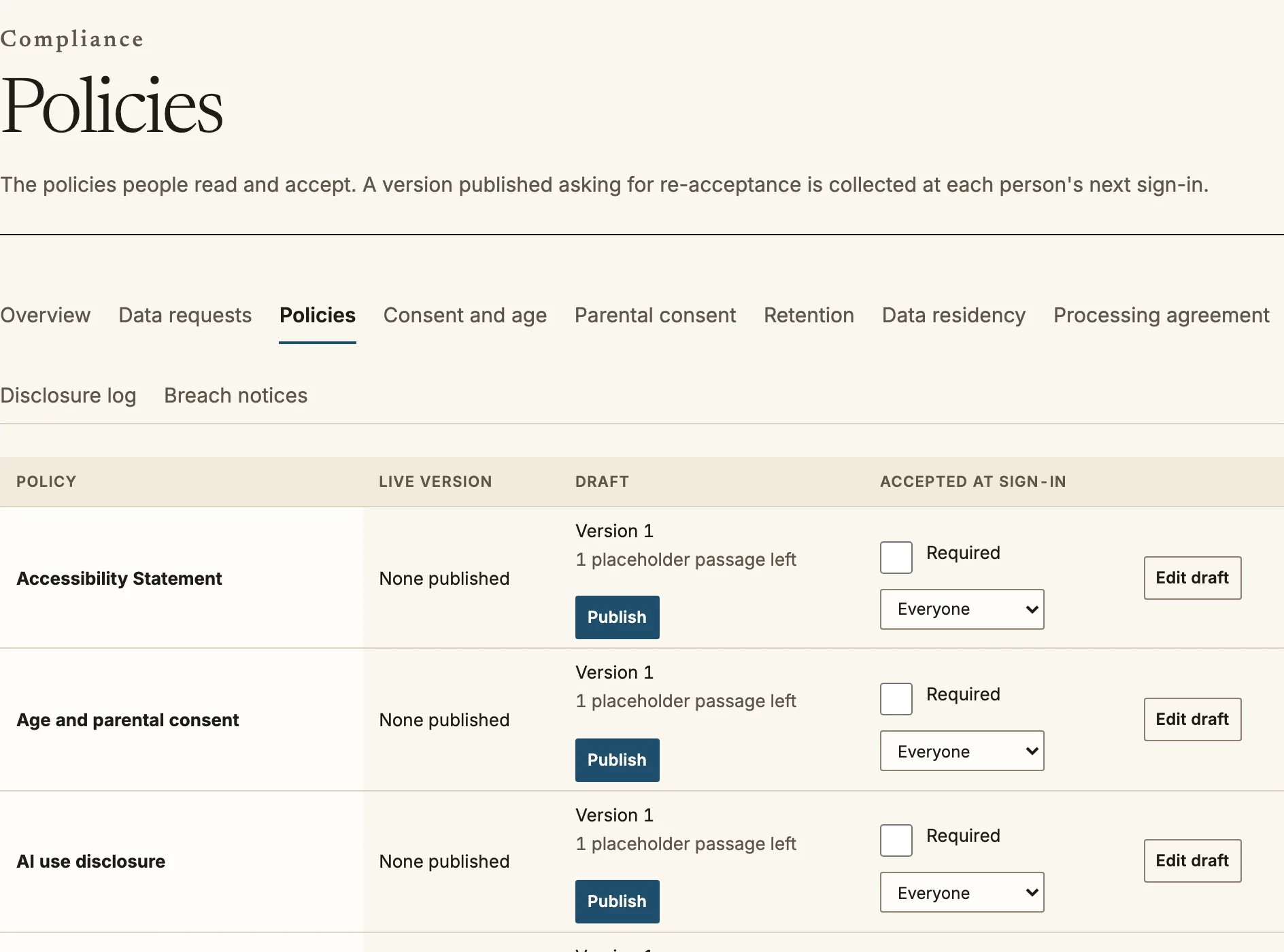 The Policies page with a table of policies, their live version, draft, and whether sign-in requires acceptance.