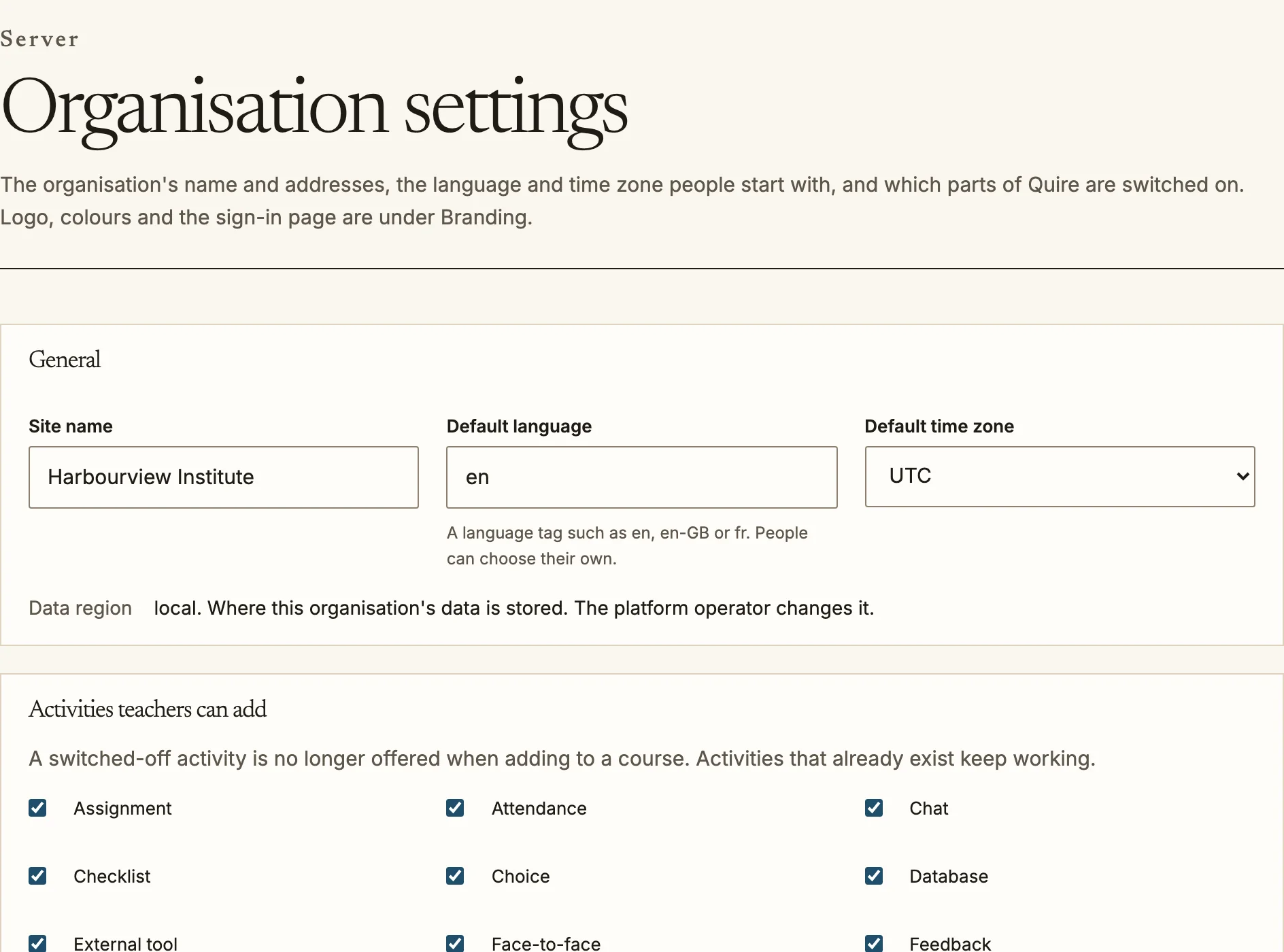 Organisation settings with the site name, default language and time zone, and a list of activities teachers can add.