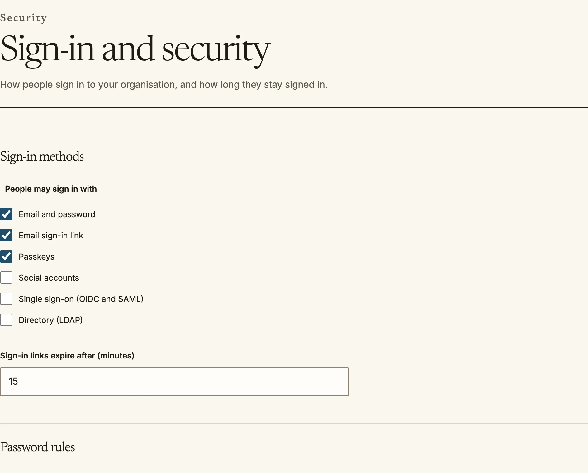The Sign-in and security page with checkboxes for each sign-in method, password rules and two-step verification.