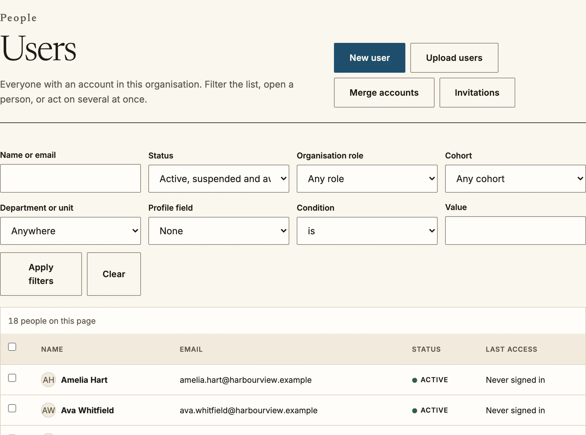 The Users page with filters and a table of people, their email, status and last access.