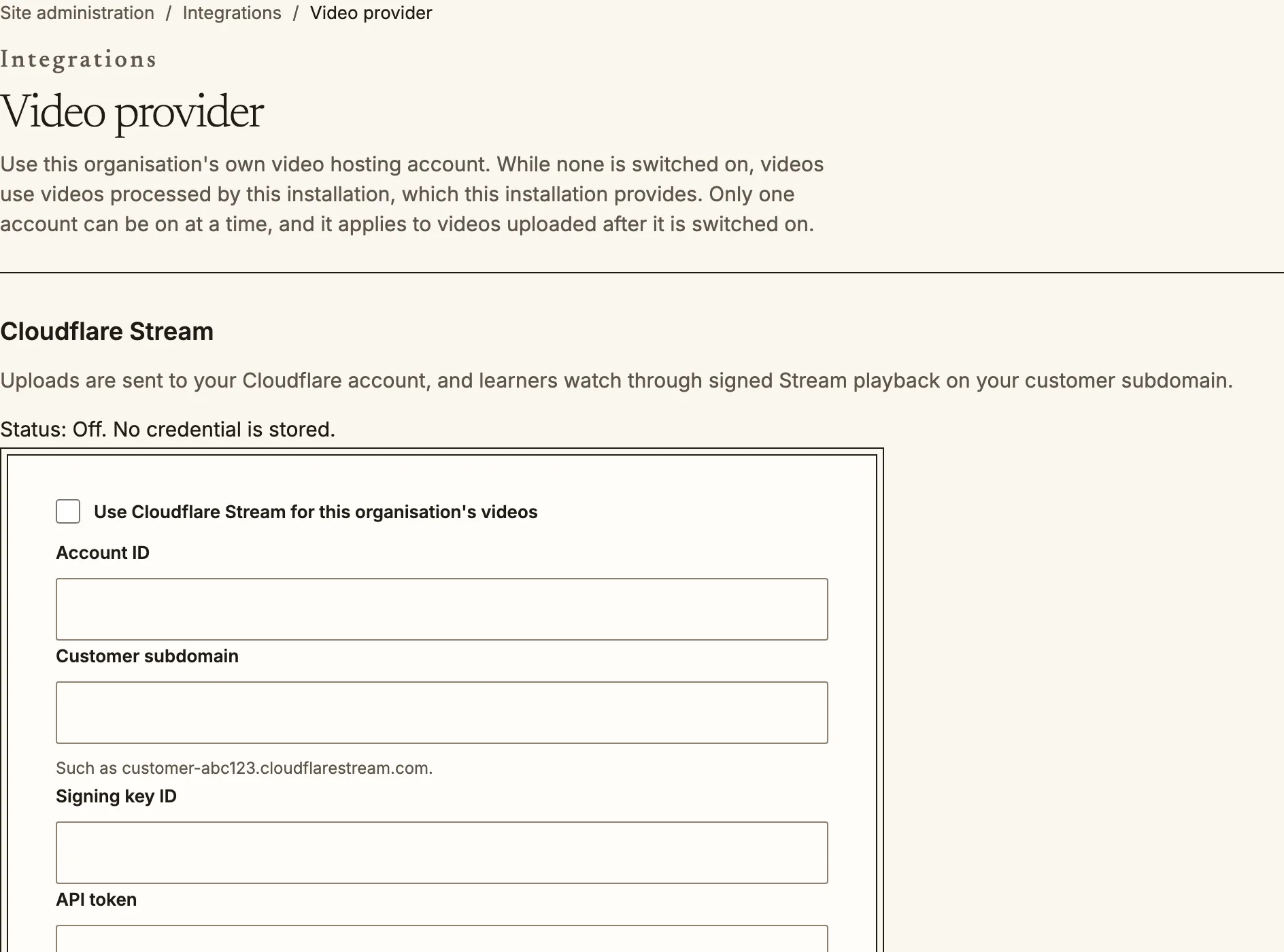 The Video provider page with a Cloudflare Stream account form, switched off.