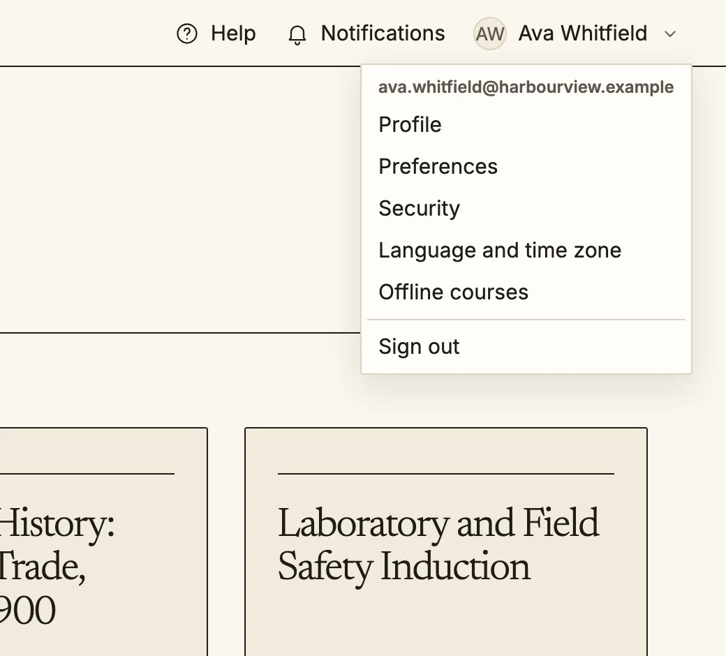 The account menu open under the learner name, listing Profile, Preferences, Security, Language and time zone, Offline courses and Sign out.