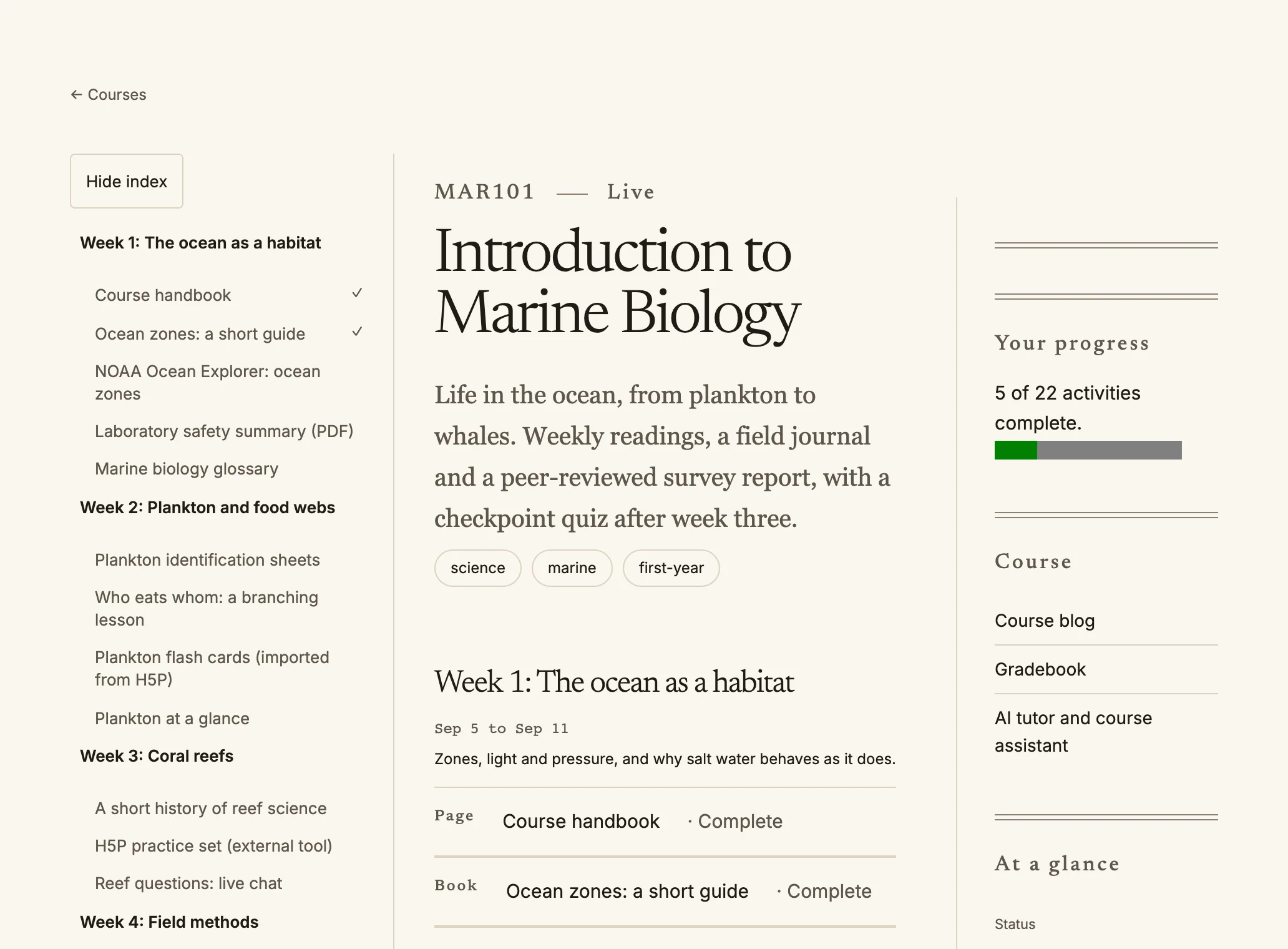 A course page with the course index on the left, ticks beside completed activities, and a progress bar on the right.