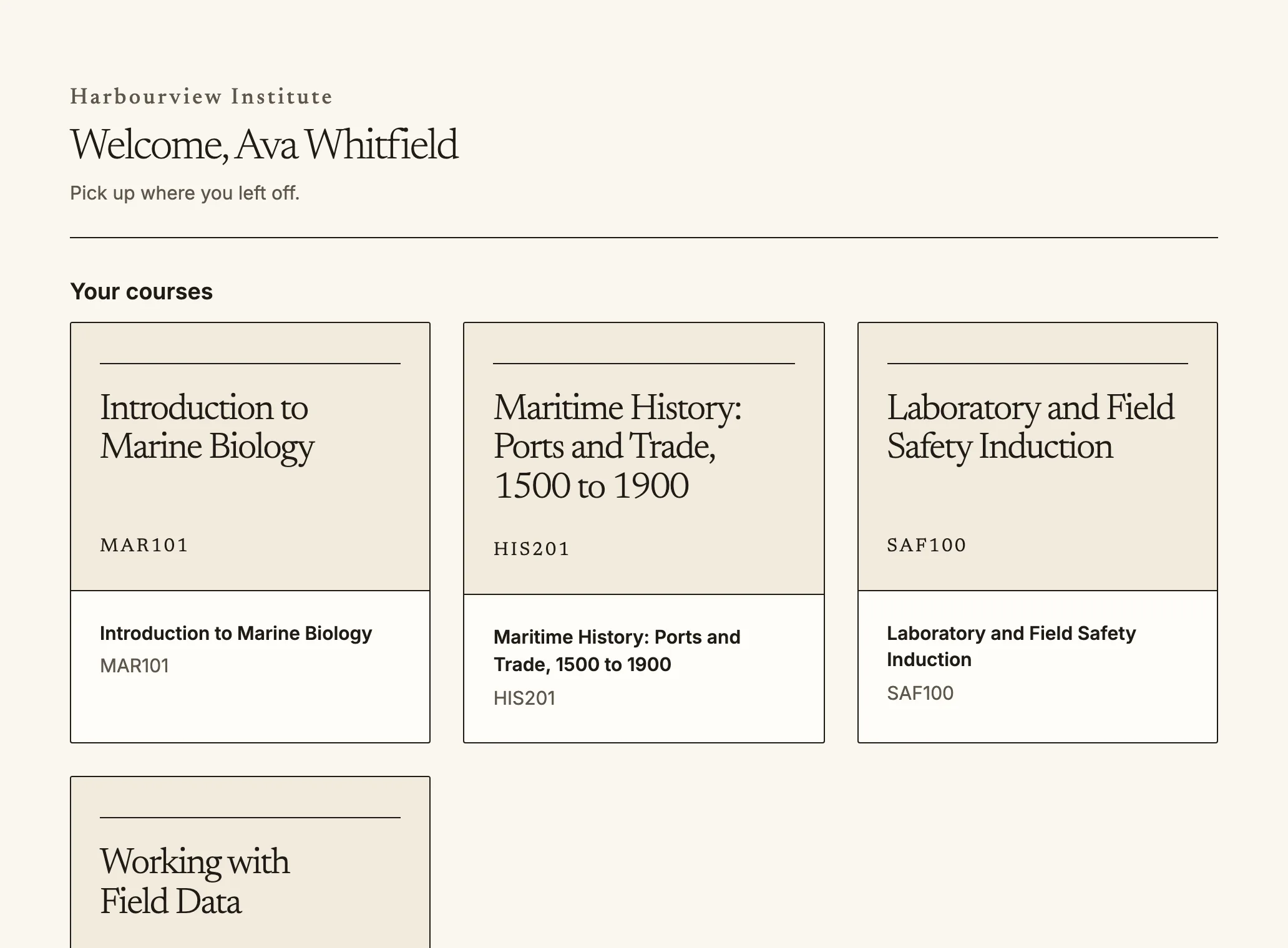 The dashboard greeting a learner by name, with a card for each of their courses.