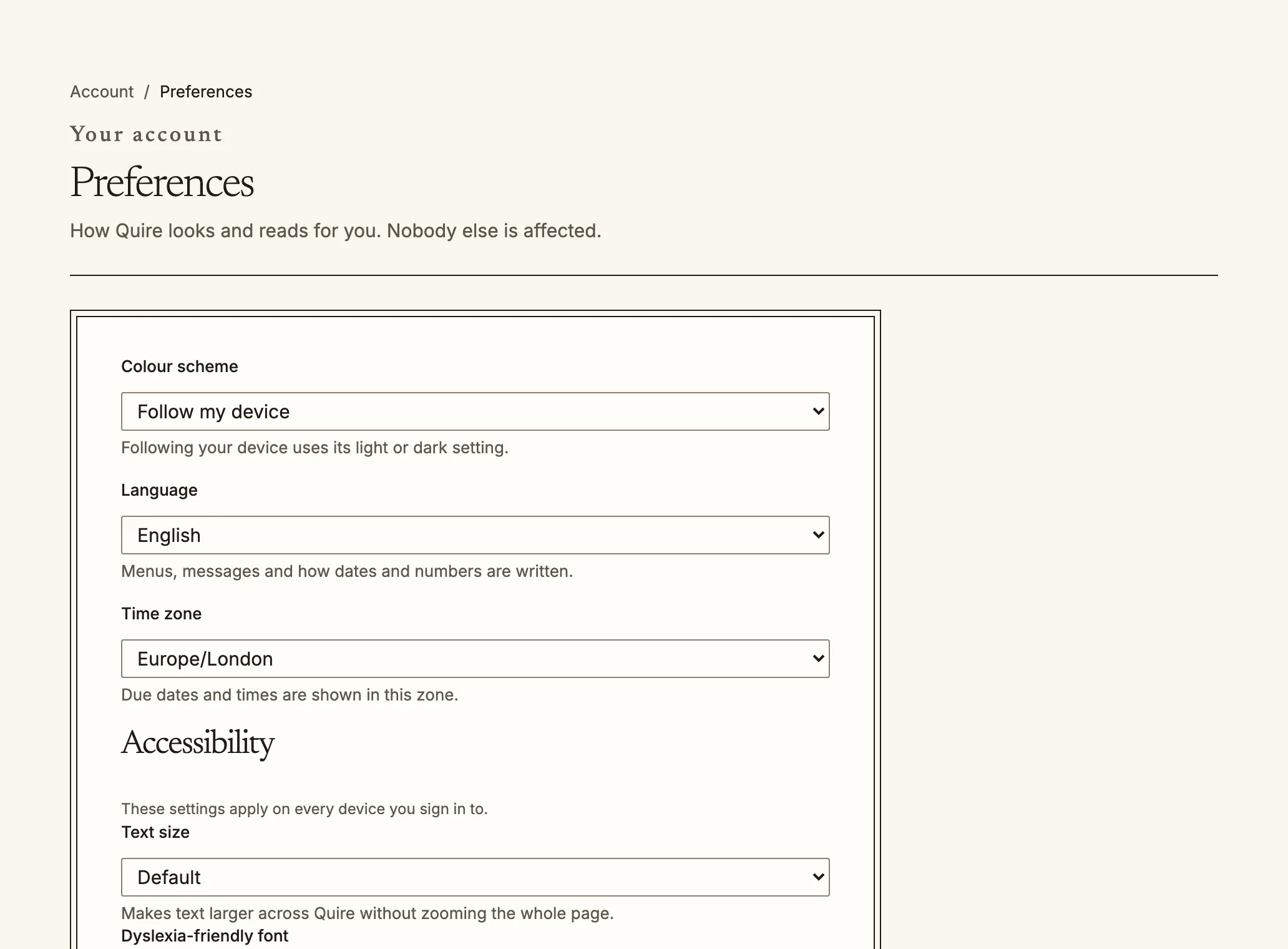 The Preferences page with colour scheme, language, time zone and accessibility settings.