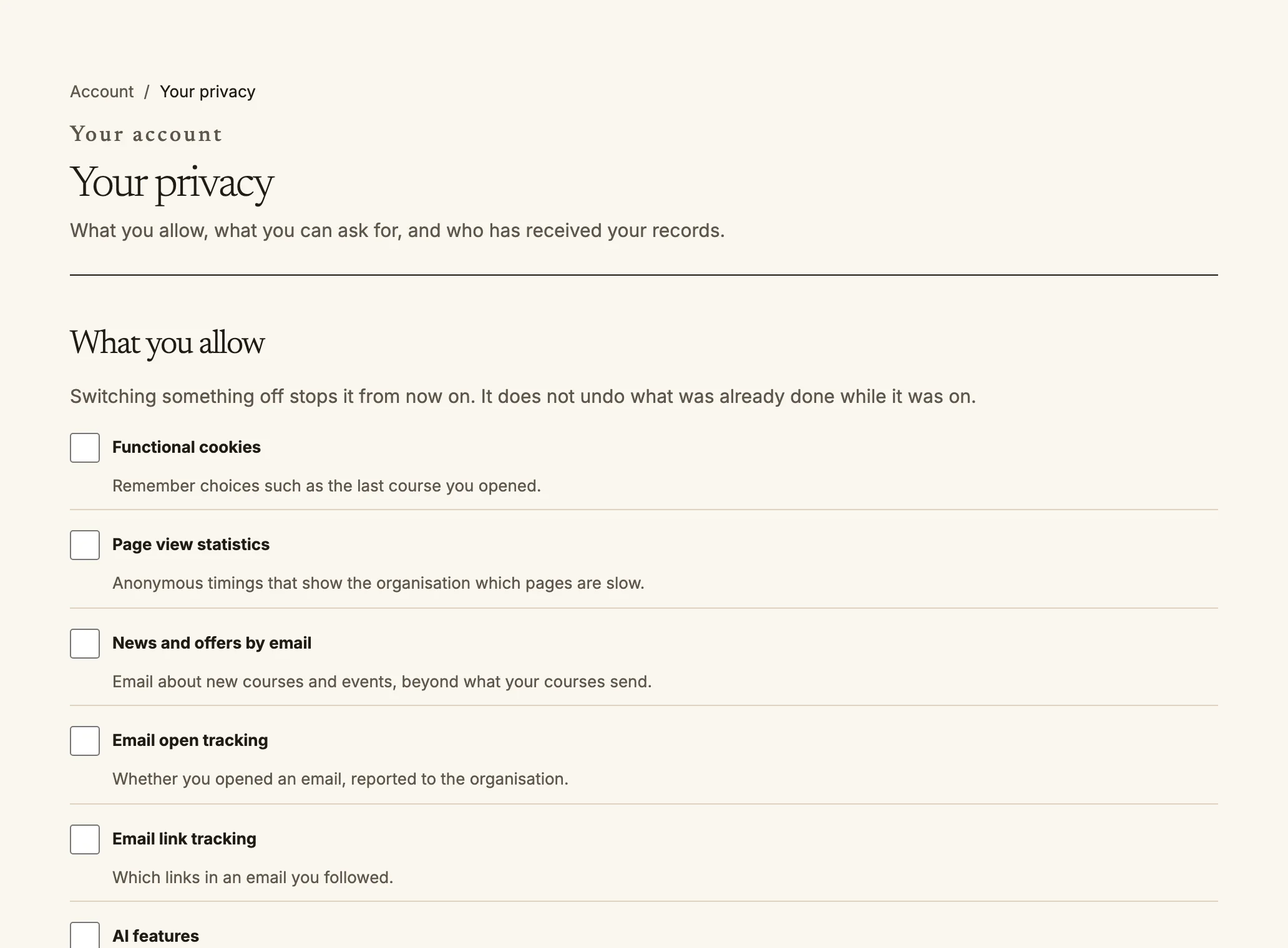 The Your privacy page, listing each purpose a person can allow or switch off.