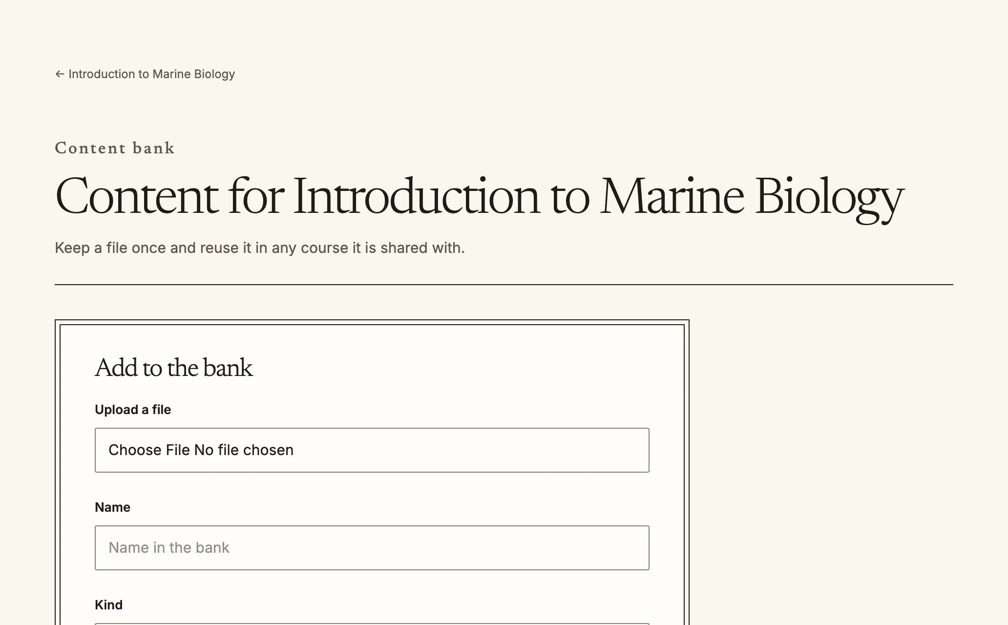A course content bank page with a form to add a file to the bank.