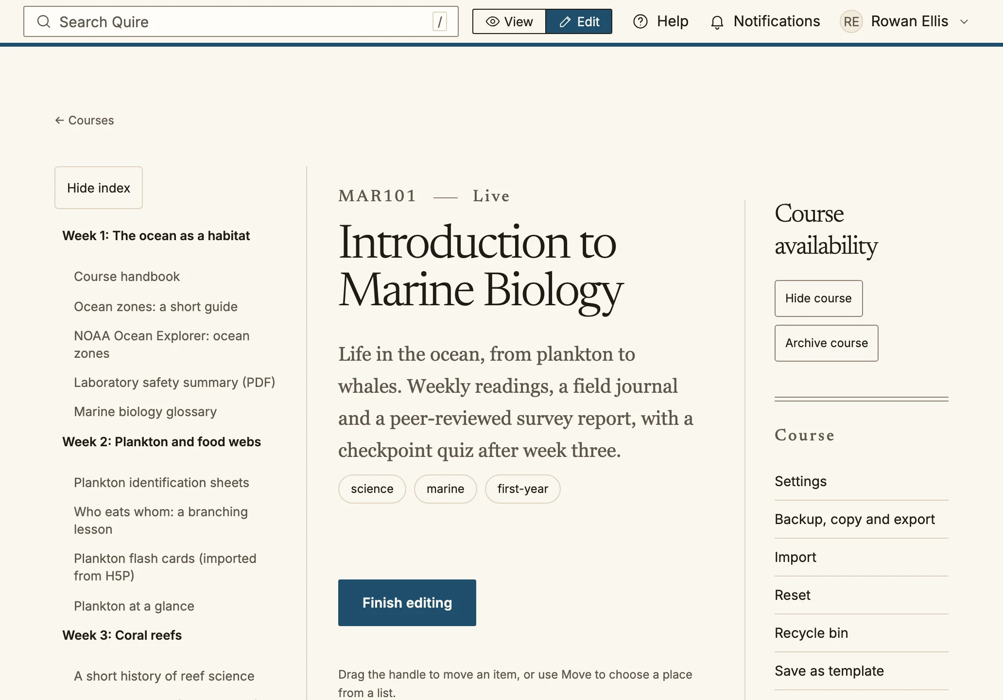 A course page in edit mode. The top bar shows View and Edit links with Edit selected, and an accent line runs under the bar.