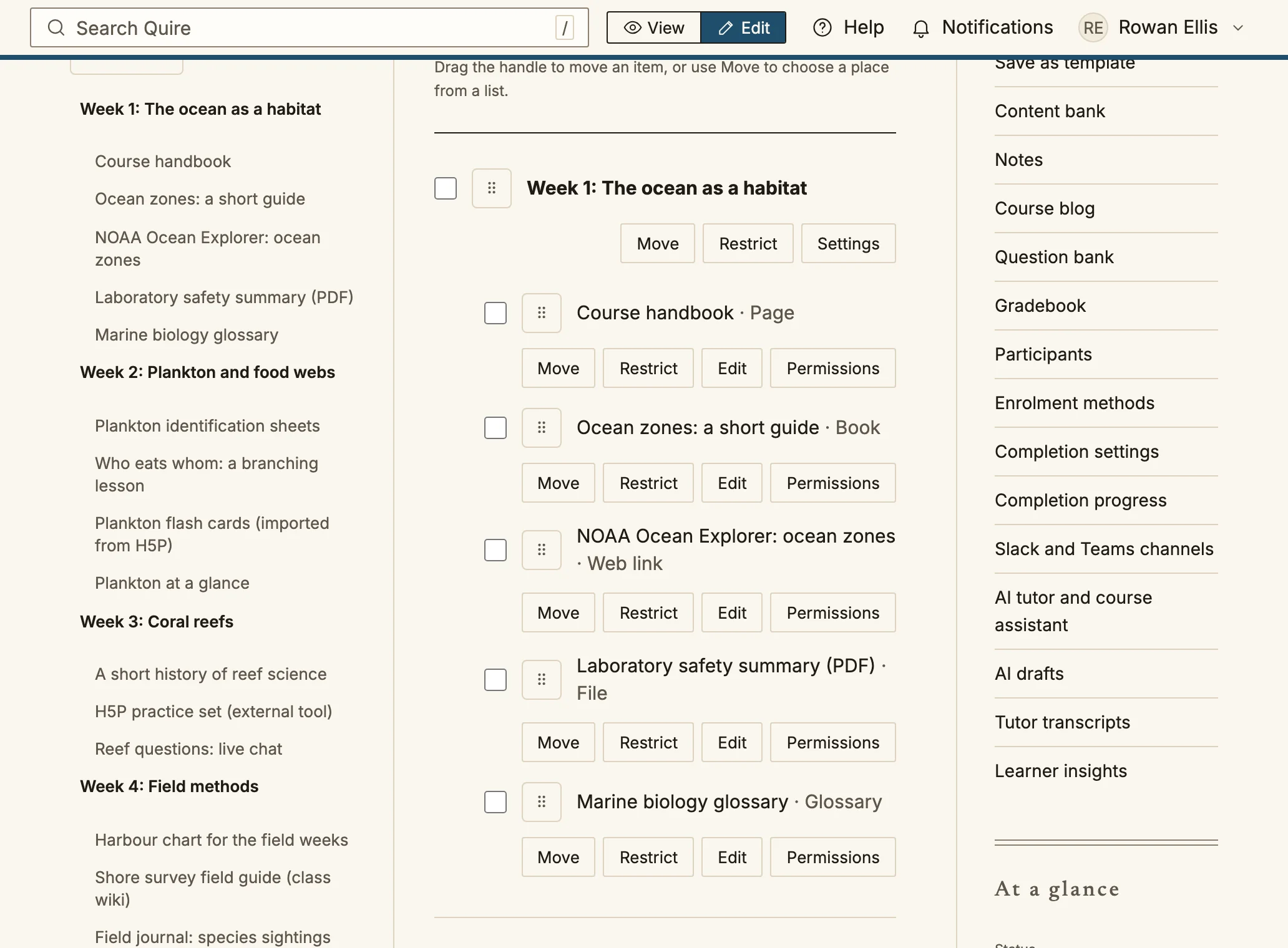 The course outline in edit mode: each section and activity has a checkbox, a drag handle and Move, Restrict, Edit and Permissions buttons.