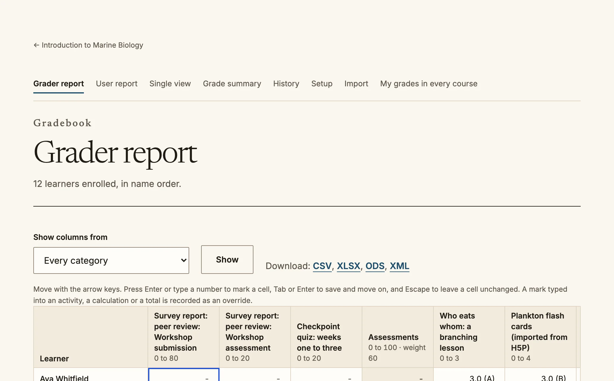 The grader report, with a row for each learner and a column for each graded activity, and tabs for other gradebook views.