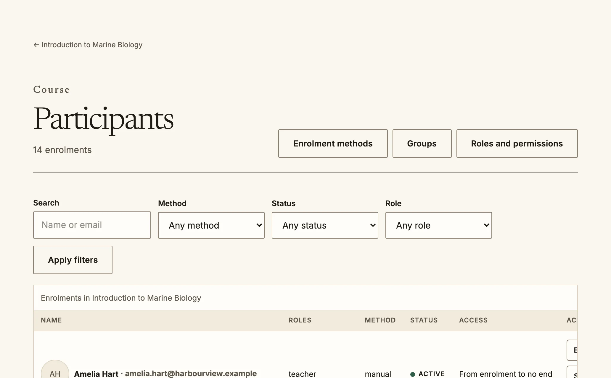 The Participants page, a filterable table of enrolled people with their roles, enrolment method and status.