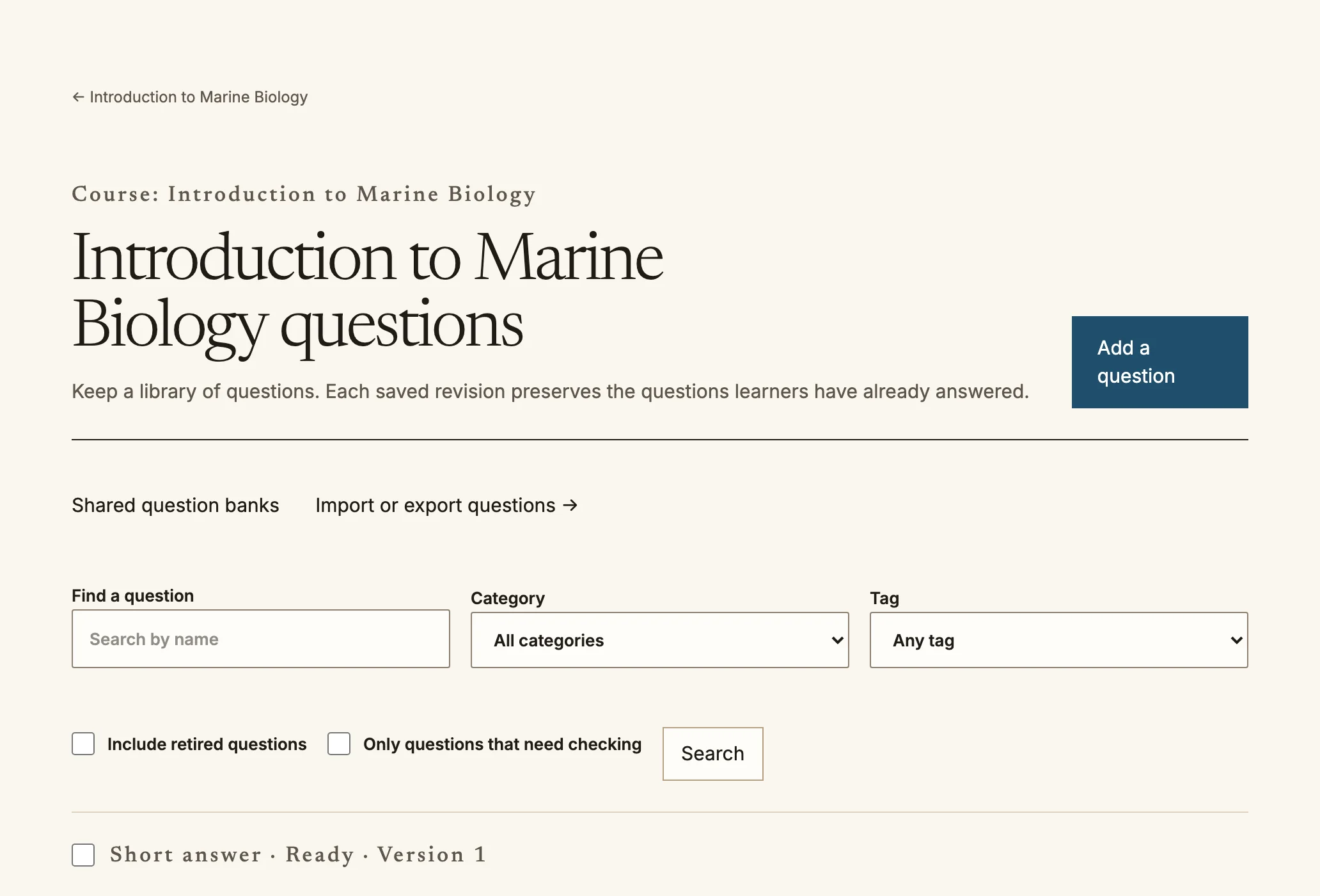 The course question bank with search, category and tag filters and a list of questions.